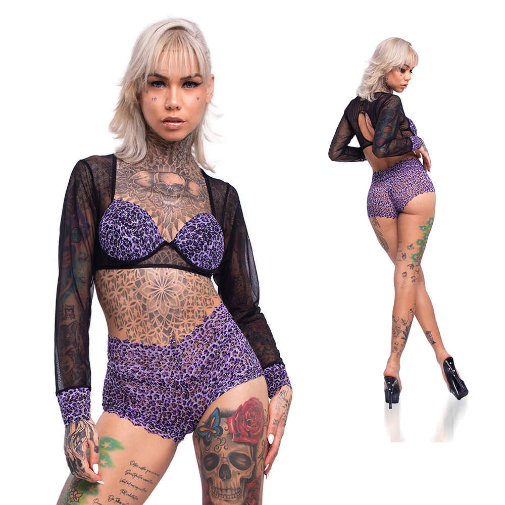 Conjunto Sensual Short e Cropped em Renda e Tule Lilás Sex Shop Loja