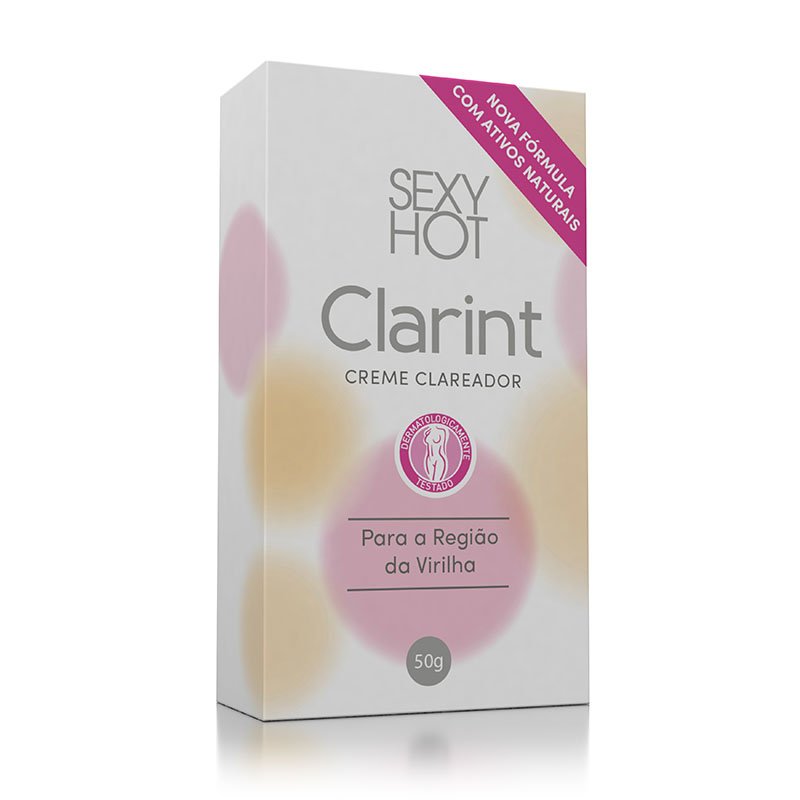 Caixa do Clarint Clareador �ntimo, vis�o frontal mostrando 'Nova F�rmula com Ativos Naturais' e 50g