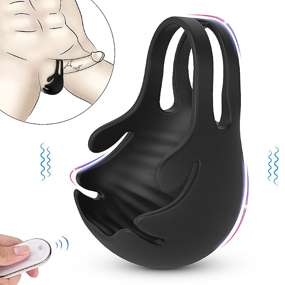 Anel Peniano com Massageador de Escroto Recarregável em Silicone com 9 Vibrações Preto | Foto 02