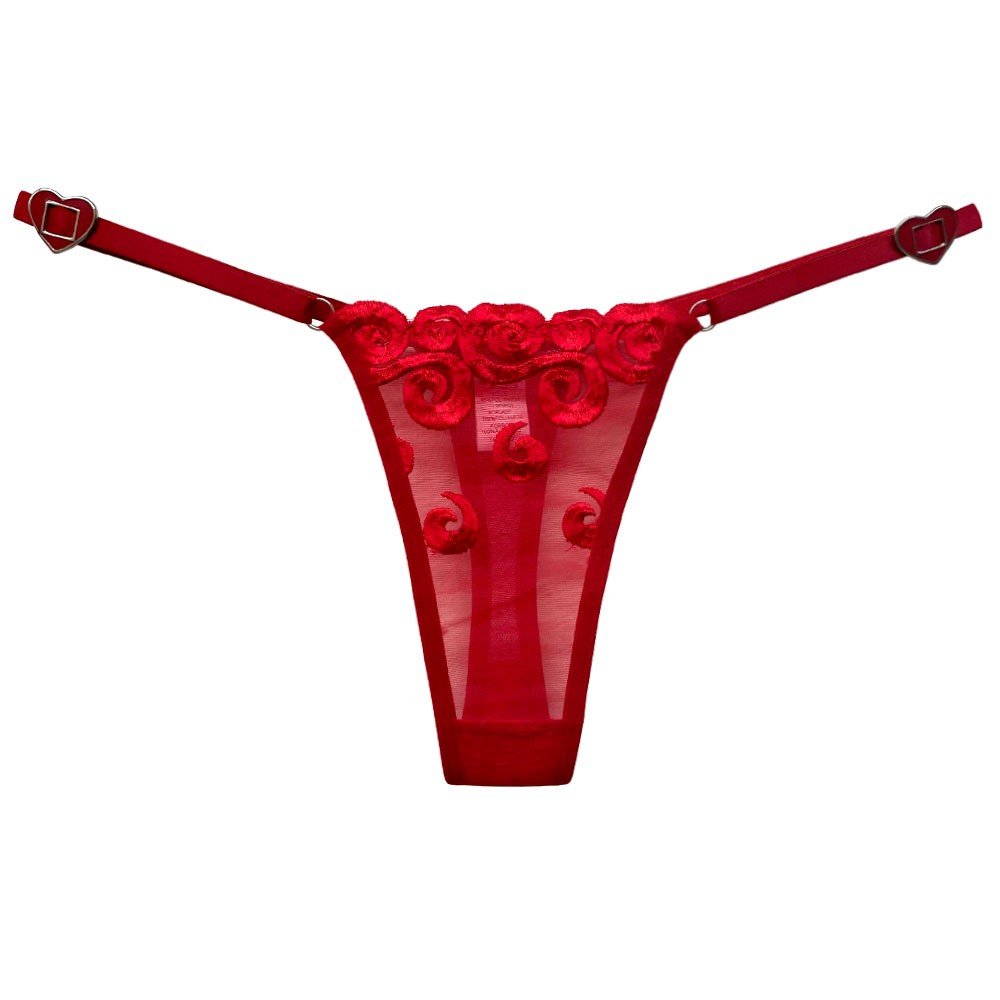 Calcinha string fio dental sensual sexy em tule bordado vermelha, vista frontal da pe�a dobrada, exibindo os bordados em alto relevo.
