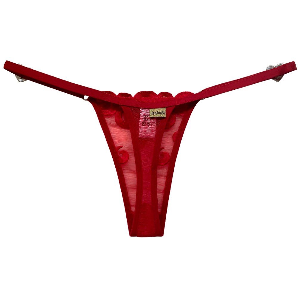 Calcinha string fio dental sensual sexy em tule bordado vermelha, vista traseira da pe�a dobrada, com foco no design do fio dental.