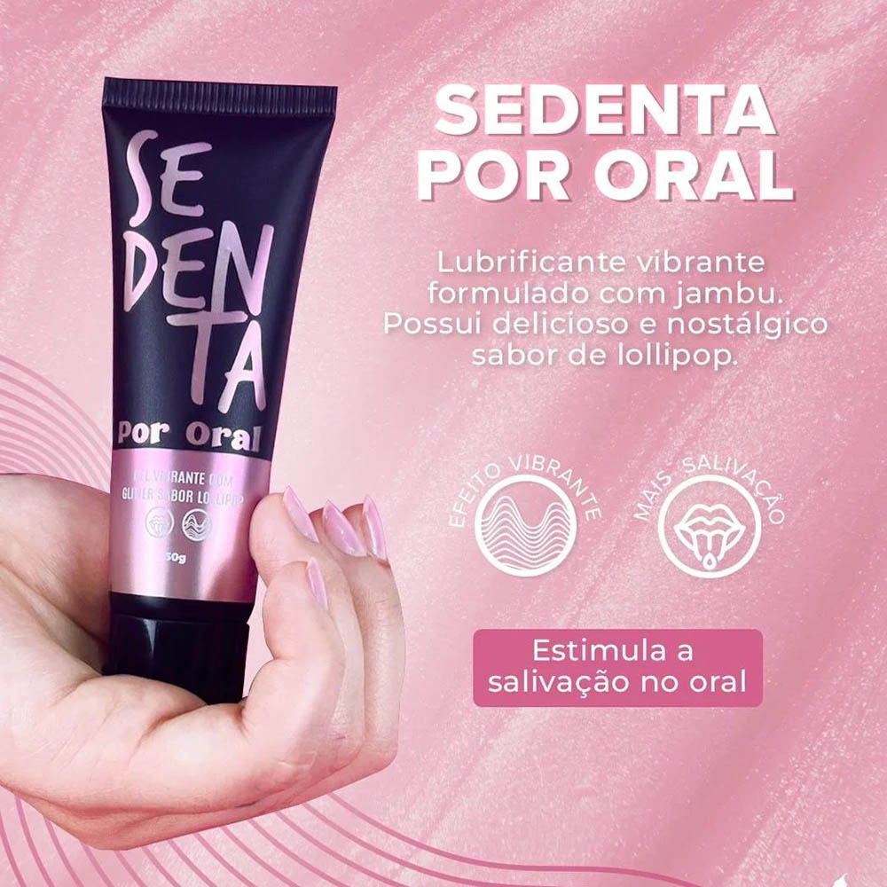 Vibrador L�quido Comest�vel Glitter Pipoca Doce 50ml, embalagem na m�o com descri��o dos efeitos
