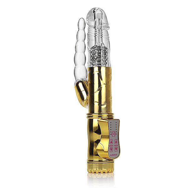 Vibrador Rabbit Texturizado com Estimulador Anal e Multivelocidade 22 x 2,5cm Dourado | Foto 02