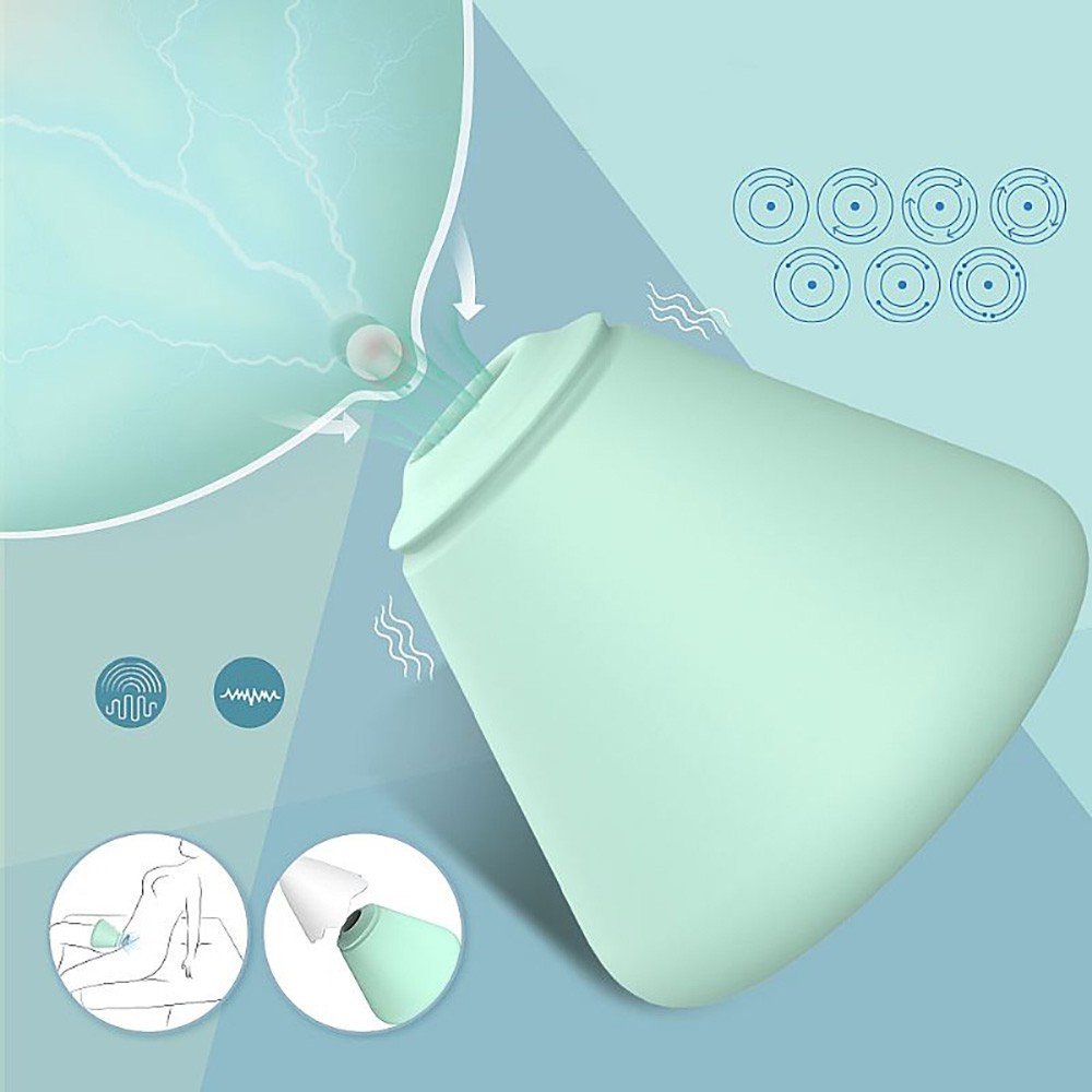 Vibrador Discreto em Silicone Recarregavel 7 Suc��es com LED Colorido Snow Mountain Cyan - Ilustracao dos 7 modos de succao e vista lateral mostrando a tecnologia de vacuo