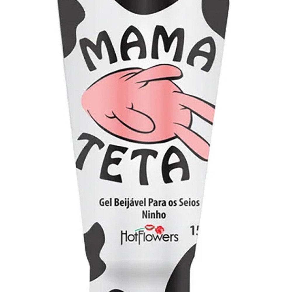 Close da parte central da embalagem do Gel Mama Teta, mostrando o nome do produto 'Mama Teta' e o sabor 'Ninho'