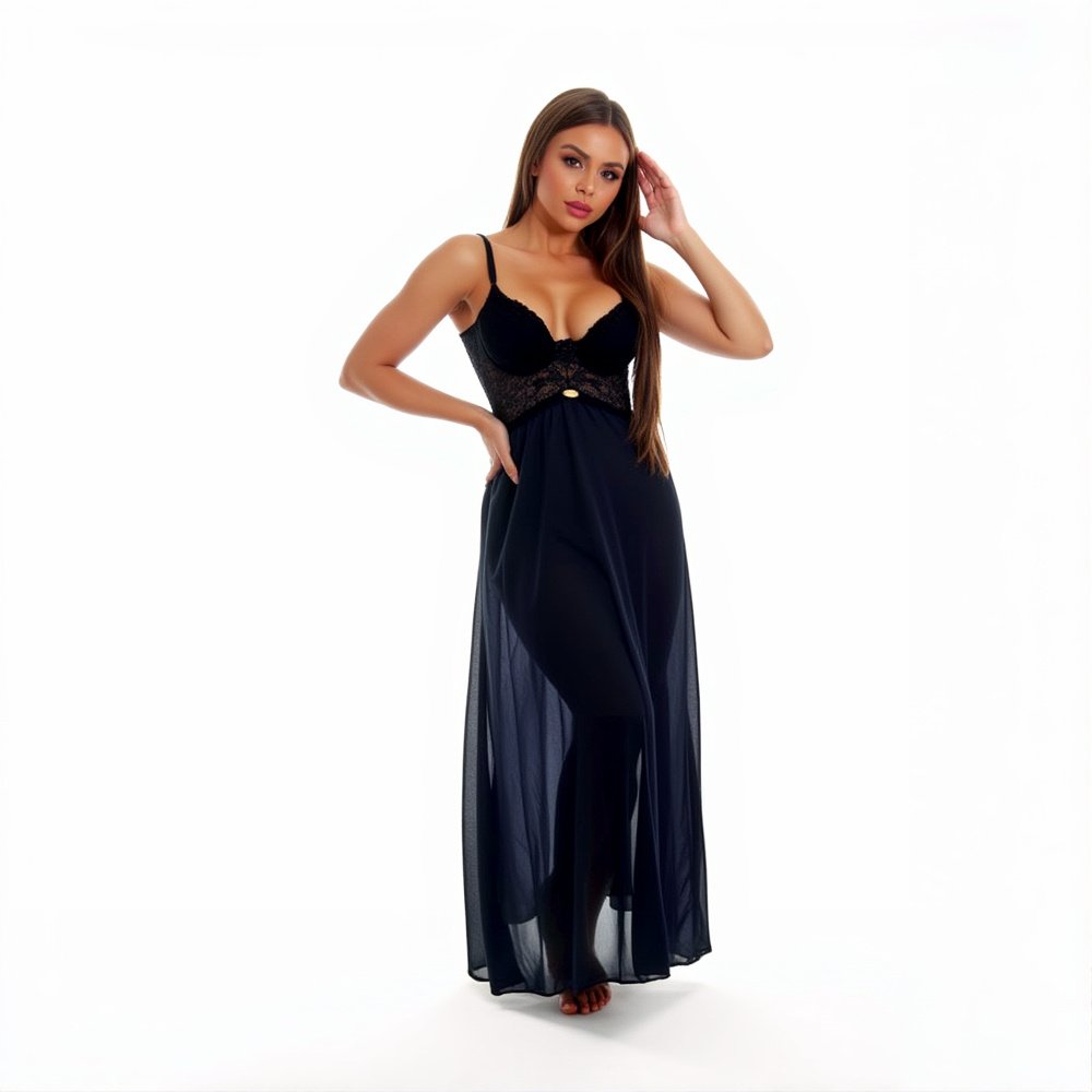 Camisola Longa Sensual em Renda com Bojo e Calcinha String Viena Preta, vista frontal elegante