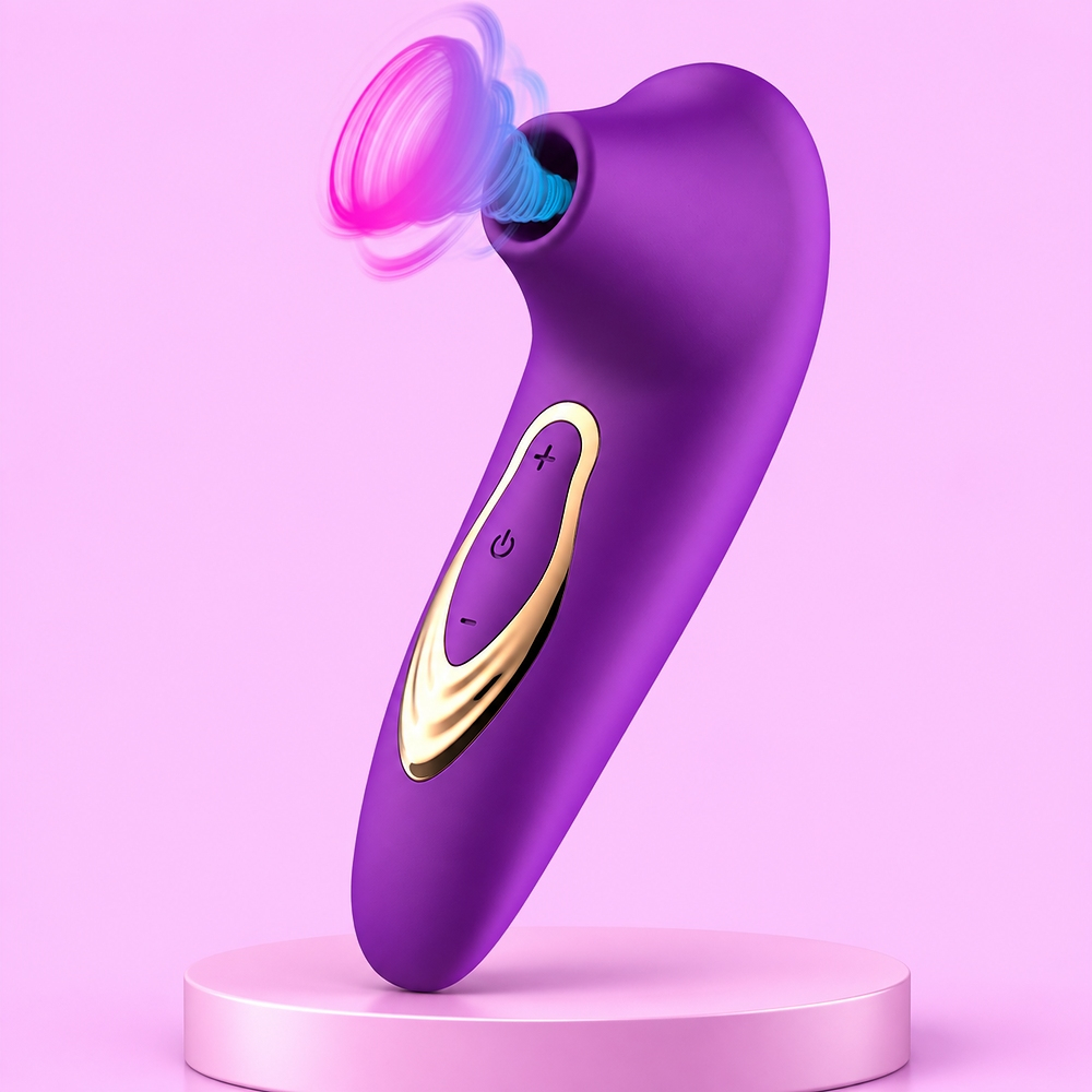 Pulsador de Clit�ris Recarreg�vel em Silicone Roxo, vista lateral em pedestal, destacando a ponta de pulsa��o e bot�es de controle dourados