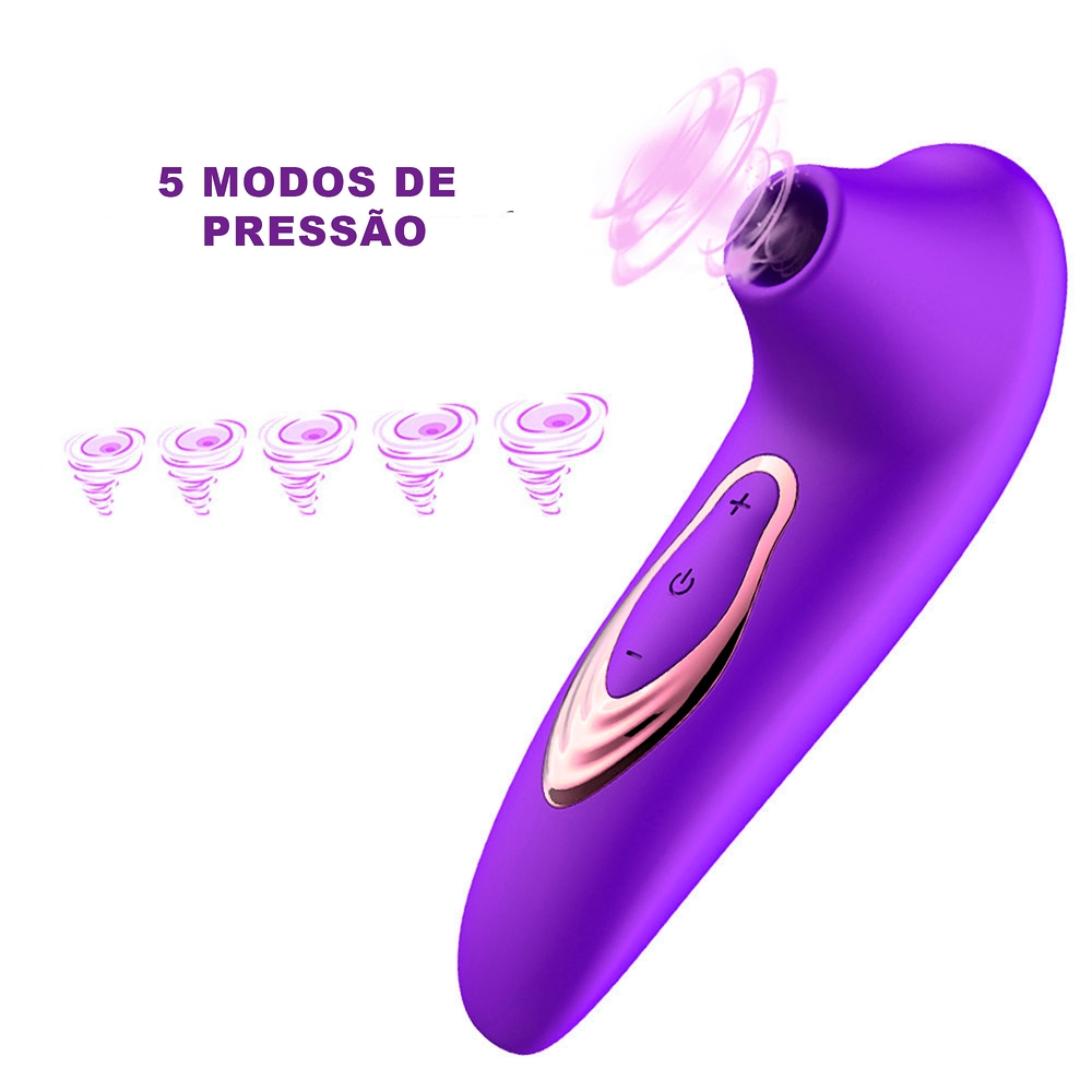 Pulsador de Clit�ris Recarreg�vel em Silicone Roxo, vista lateral com ilustra��o indicando 5 modos de press�o e efeito das pulsa��es