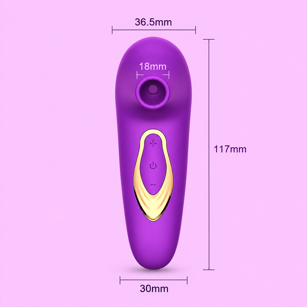 Pulsador de Clit�ris Recarreg�vel em Silicone Roxo, vista superior com medidas em mil�metros de comprimento, largura e abertura