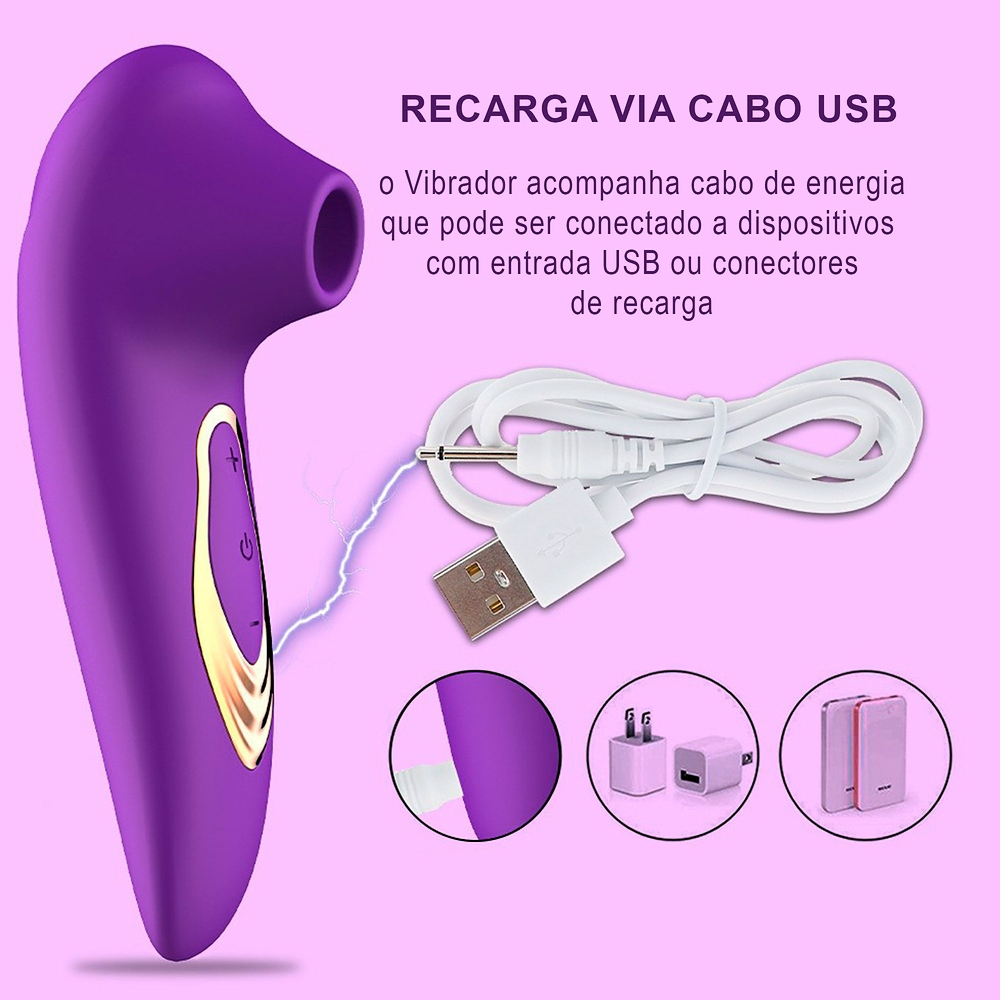 Pulsador de Clit�ris Recarreg�vel em Silicone Roxo, vista lateral mostrando cabo USB de recarga e exemplos de conectores