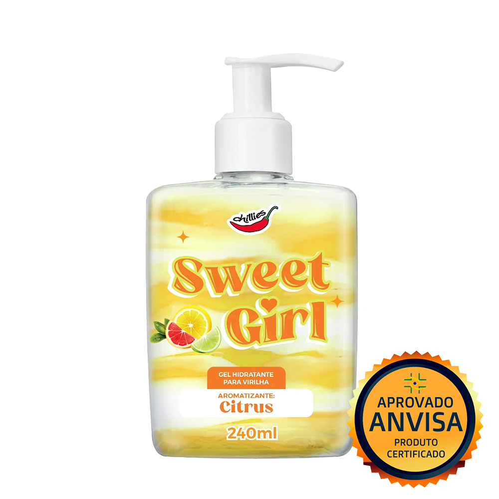 Gel Hidratante para Virilha Sweet Girl Aroma Citrus 240ml com selo 'Aprovado ANVISA Produto Certificado' em destaque