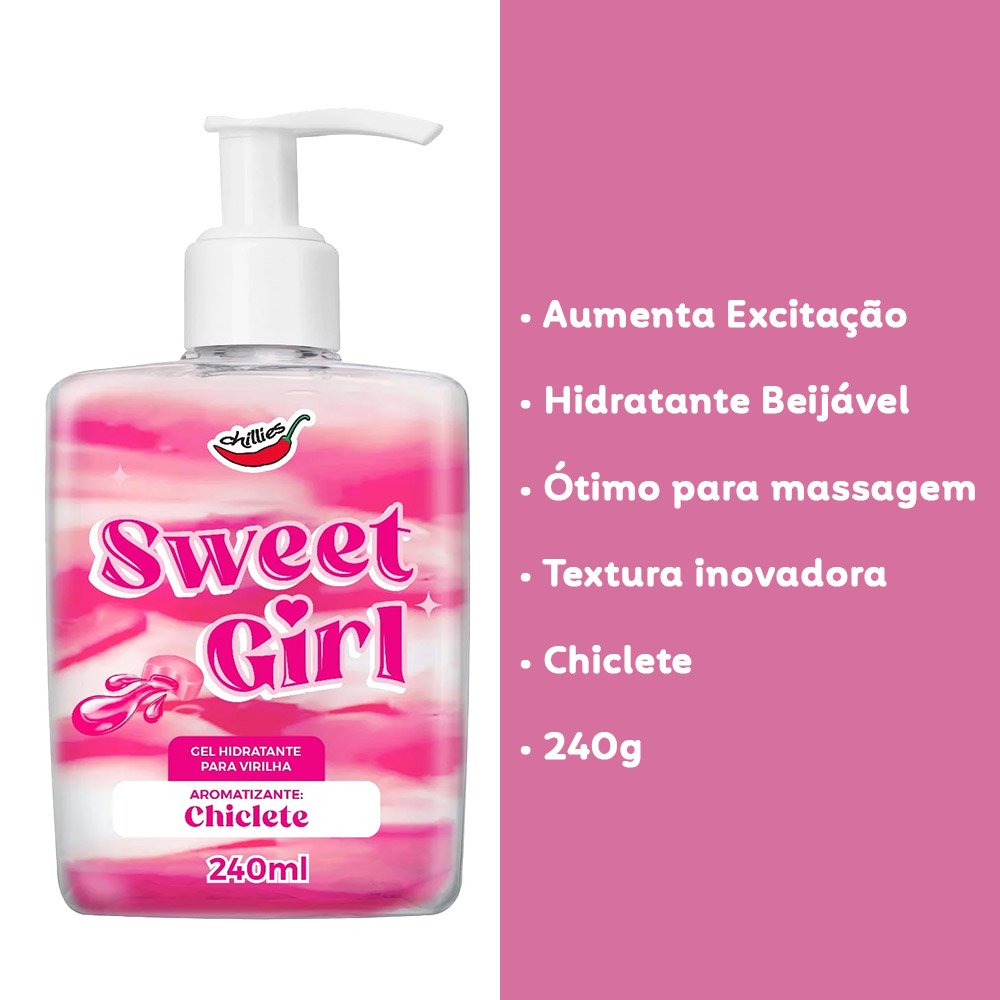 Gel Hidratante Sweet Girl Chiclete 240ml e lista de benef�cios como 'Aumenta Excita��o', 'Hidratante Beij�vel', '�timo para massagem', 'Textura inovadora', 'Chiclete' e '240g'