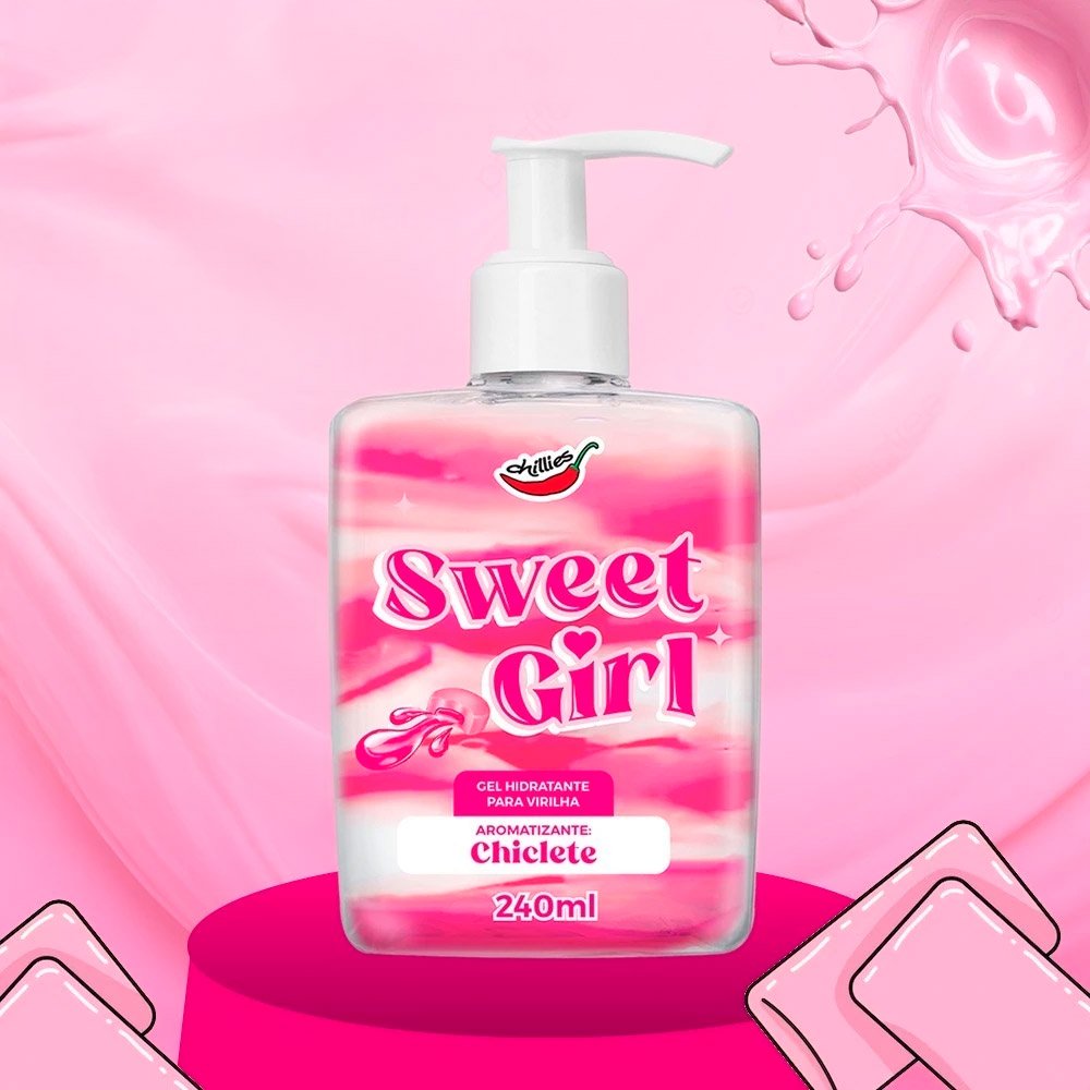 Gel Hidratante Sweet Girl Chiclete 240ml em cen�rio com fundo rosa, cubos e gotas de gel, destacando o aroma de chiclete