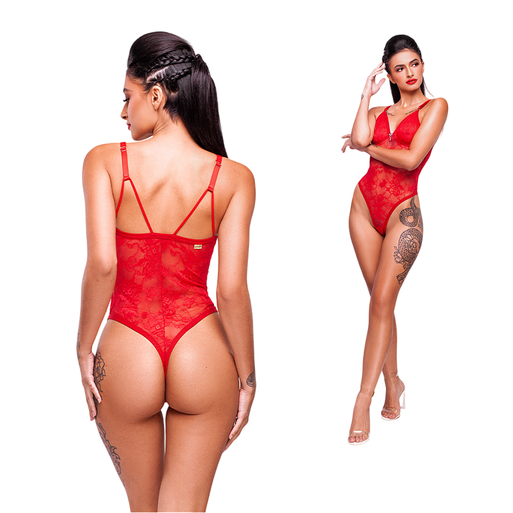 Body Sensual Sexy em Renda sem Aro e sem Bojo Vermelho - Vista traseira