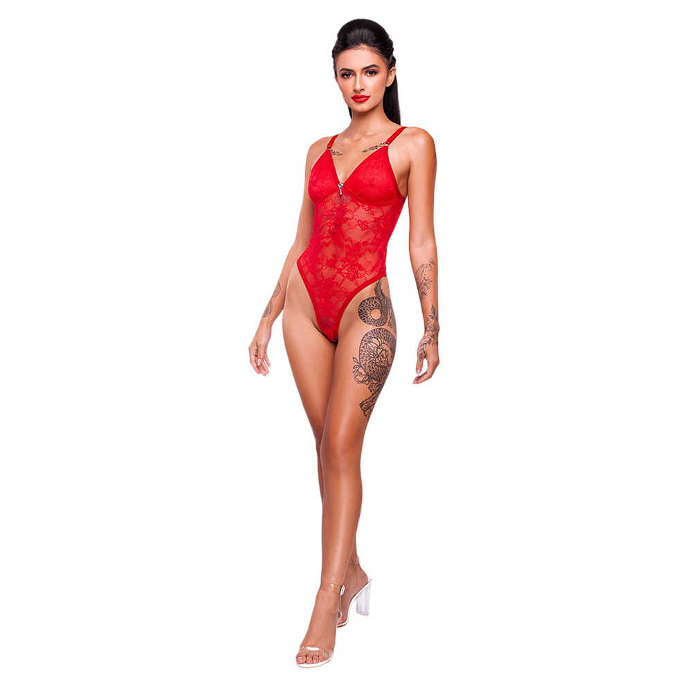 Body Sensual Sexy em Renda sem Aro e sem Bojo Vermelho - Detalhe do tecido e renda