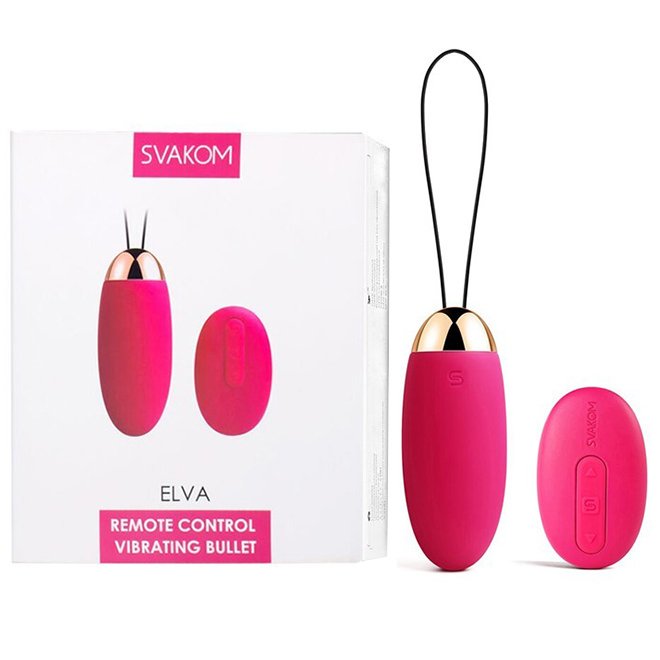 Vibrador Bullet Recarreg�vel Wireless Magenta Elva e controle remoto pr�ximos � caixa da embalagem, apresentando o conjunto