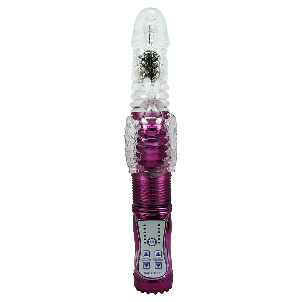 Vibrador Rabbit Rotativo Recarreg�vel com 36 Vibra��es e 8 Velocidades Pink | Vista frontal do vibrador destacando o painel de controle e a funcionalidade rotativa
