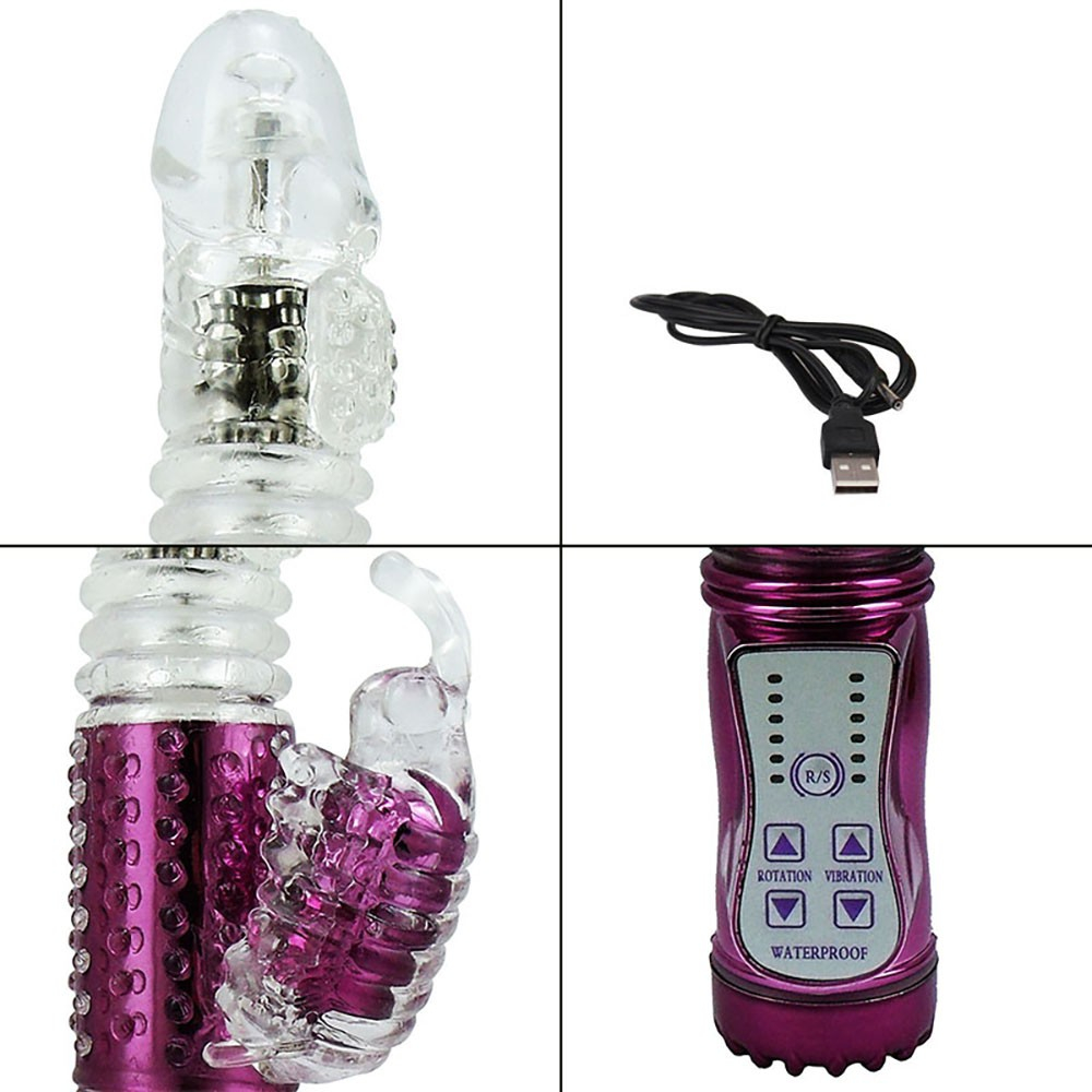 Vibrador Rabbit Rotativo Recarreg�vel com 36 Vibra��es e 8 Velocidades Pink | Detalhe da ponta rotativa com o vibrador clitoriano e o cabo de carregamento USB