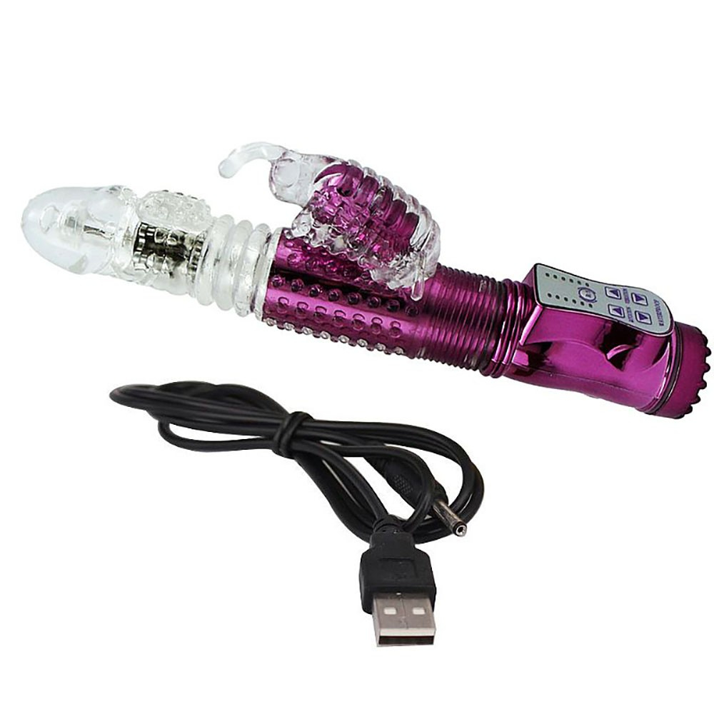 Vibrador Rabbit Rotativo Recarreg�vel com 36 Vibra��es e 8 Velocidades Pink | Detalhe dos botoes de controle de vibra��o e rota��o, e indicador de carregamento