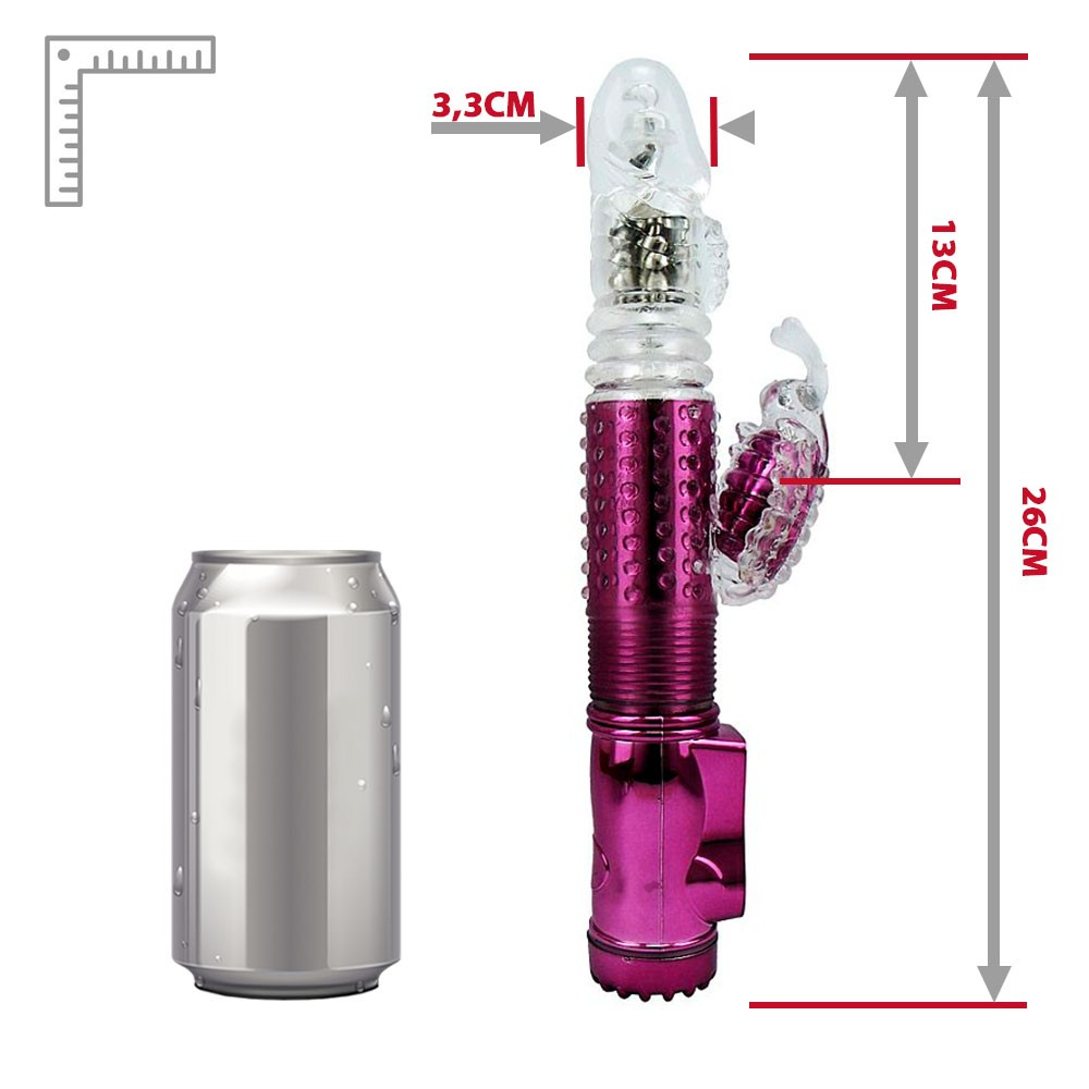 Vibrador Rabbit Rotativo Recarreg�vel com 36 Vibra��es e 8 Velocidades Pink | Vista do vibrador em um �ngulo que mostra a base ergonomica e a textura do corpo