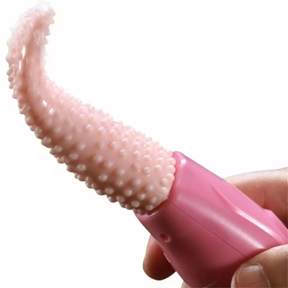 Vibrador para Clit�ris em Silicone com Formato de L�ngua Multivelocidade Tongue Bege em uso, mostrando a flexibilidade
