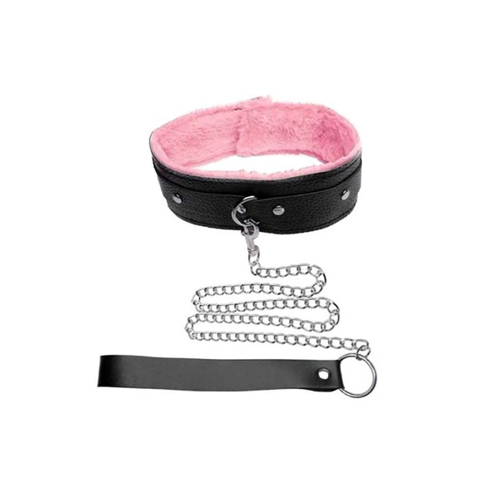 Coleira Social em PU (Imita��o em Couro) com Guia e Flogger Preto e Rosa | Foto 03