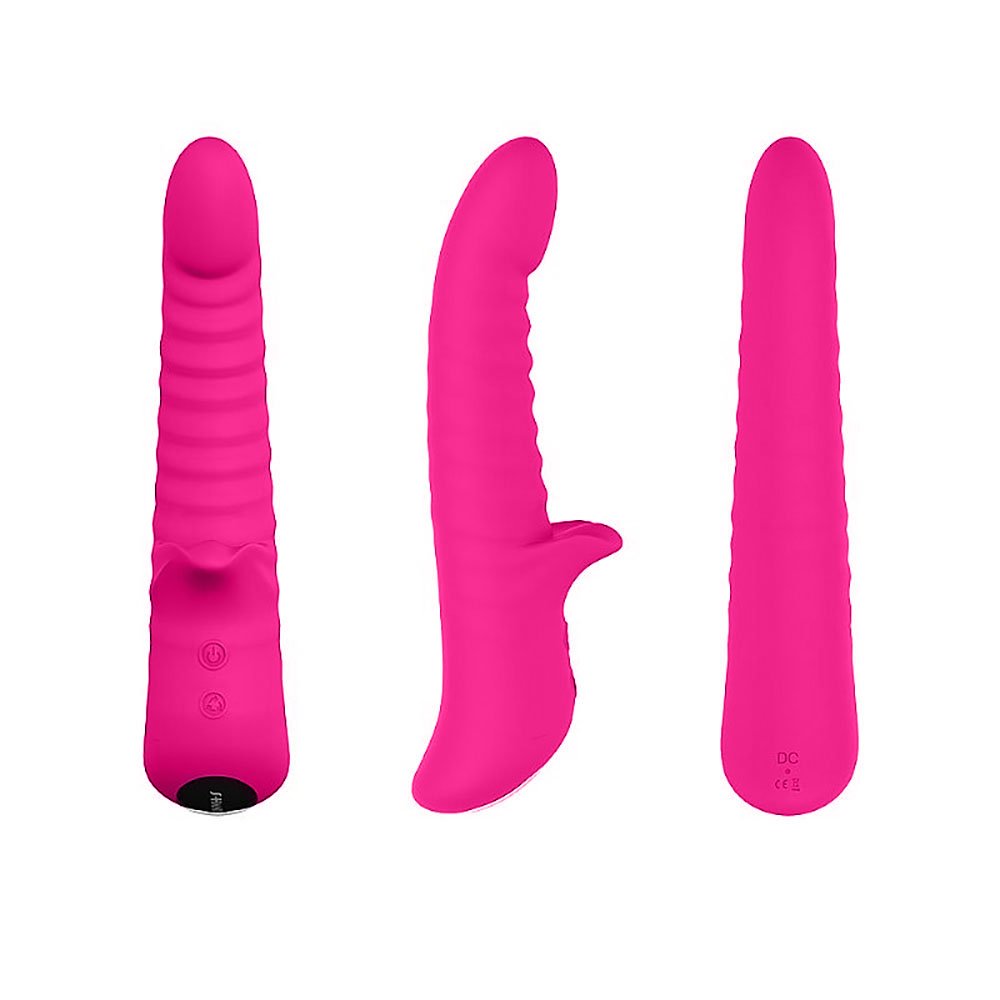 Vibrador Duplo Aurora Pink em v�rias vistas: frontal, lateral e traseira, mostrando detalhes do design
