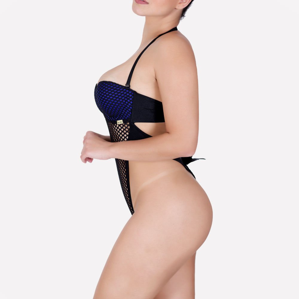 Body Sensual Fio Dental Sexy em Tela Tipo Tomara Que Caia com Bojo Preto e Azul | Foto 02