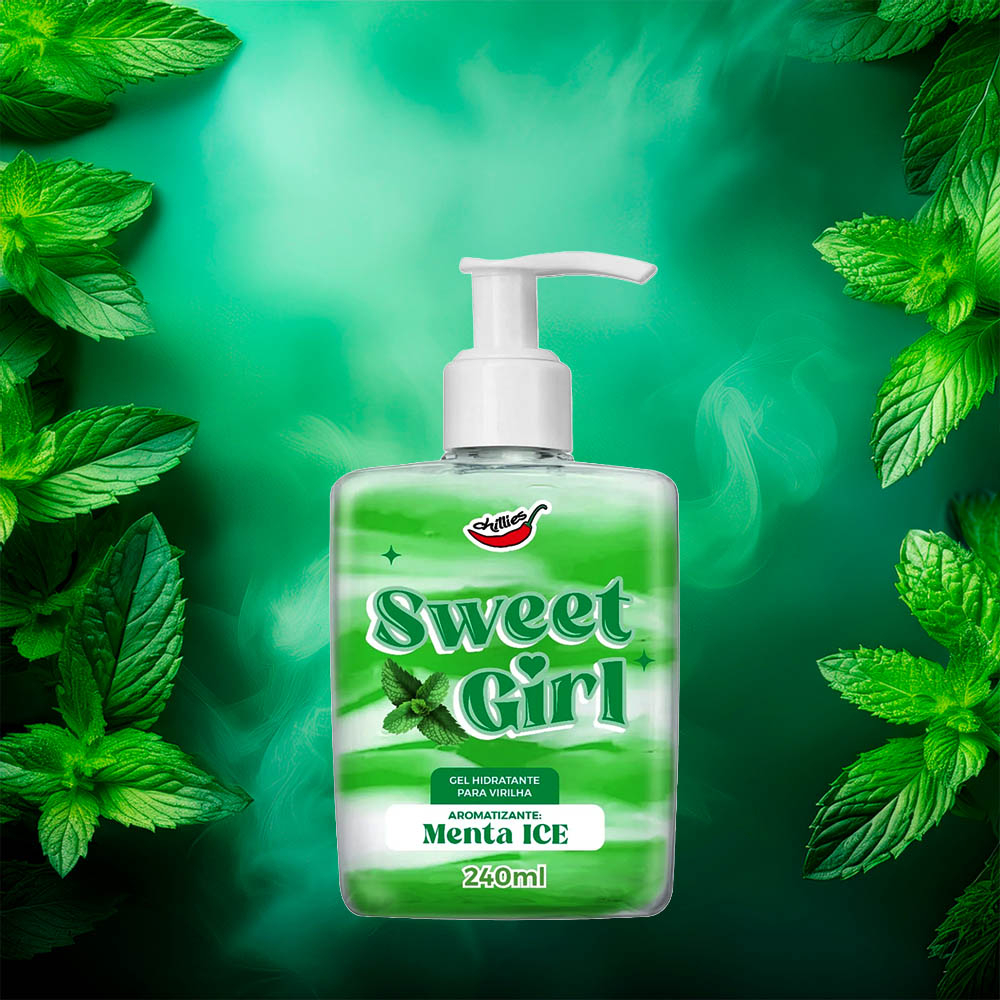 Gel Hidratante para Virilha Sweet Girl Menta Ice 240ml com fundo verde abstrato e detalhes de respingos e folhas de menta
