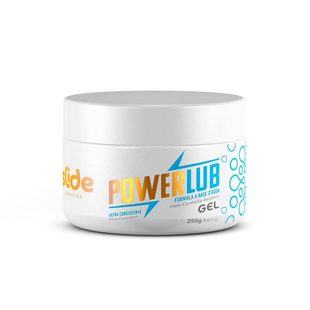 Pote fechado de PowerLub Gel 250g, destacando o r�tulo com a marca 'Slide Cosmetics' e 'PowerLub' com a informa��o 'F�rmula � base de �gua com Centella Asi�tica Gel'