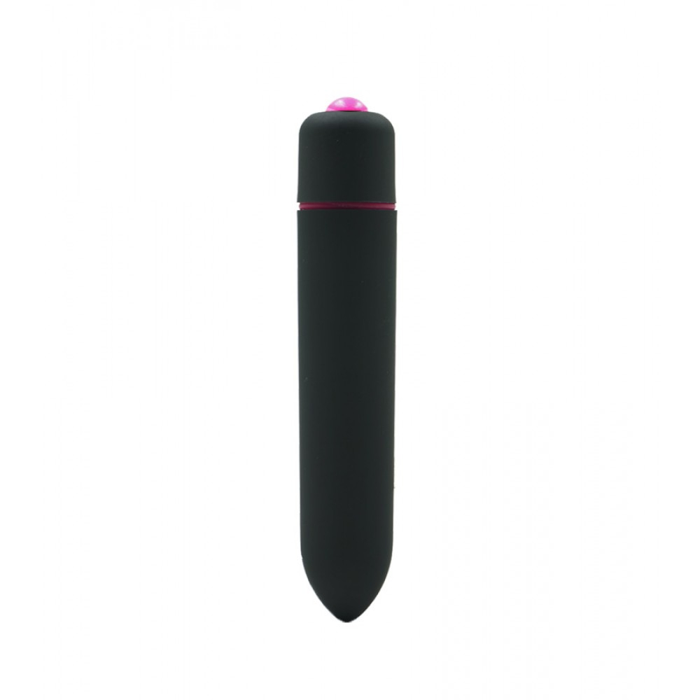 Vibrador Bullet Ogiva Mini Vibe em vista frontal, cor preta, com botao de comando rosa em um dos lados
