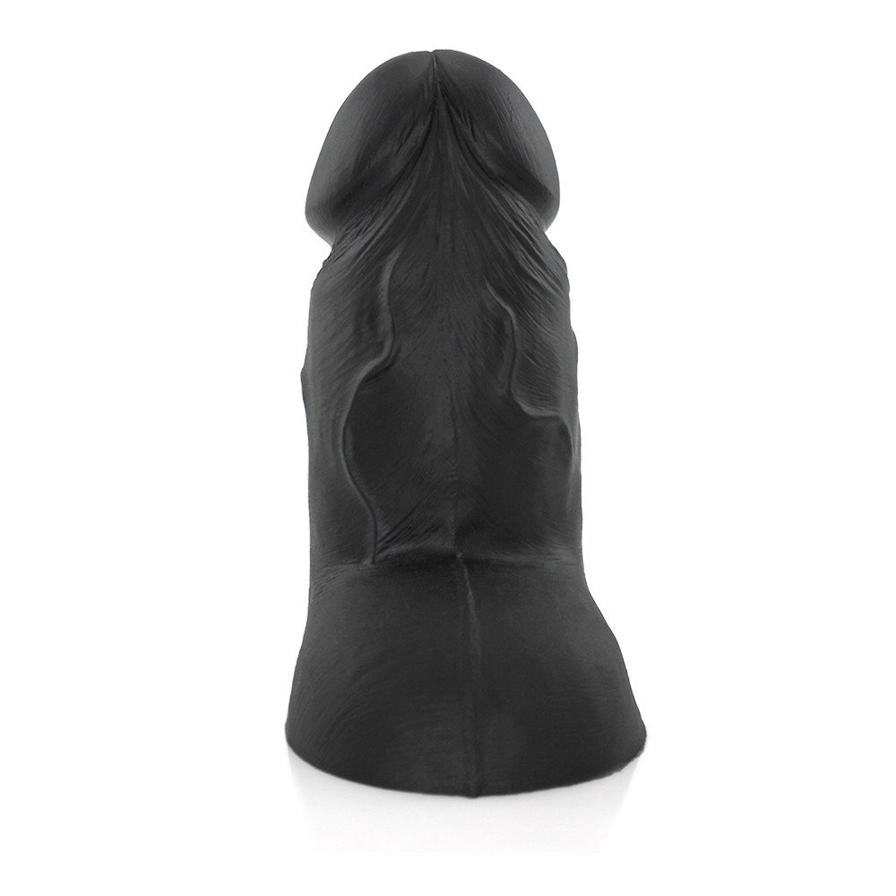 P�nis Real�stico em PVC Flex�vel com Escroto Mozinho Preto em vista frontal, detalhando veias e estrutura anat�mica