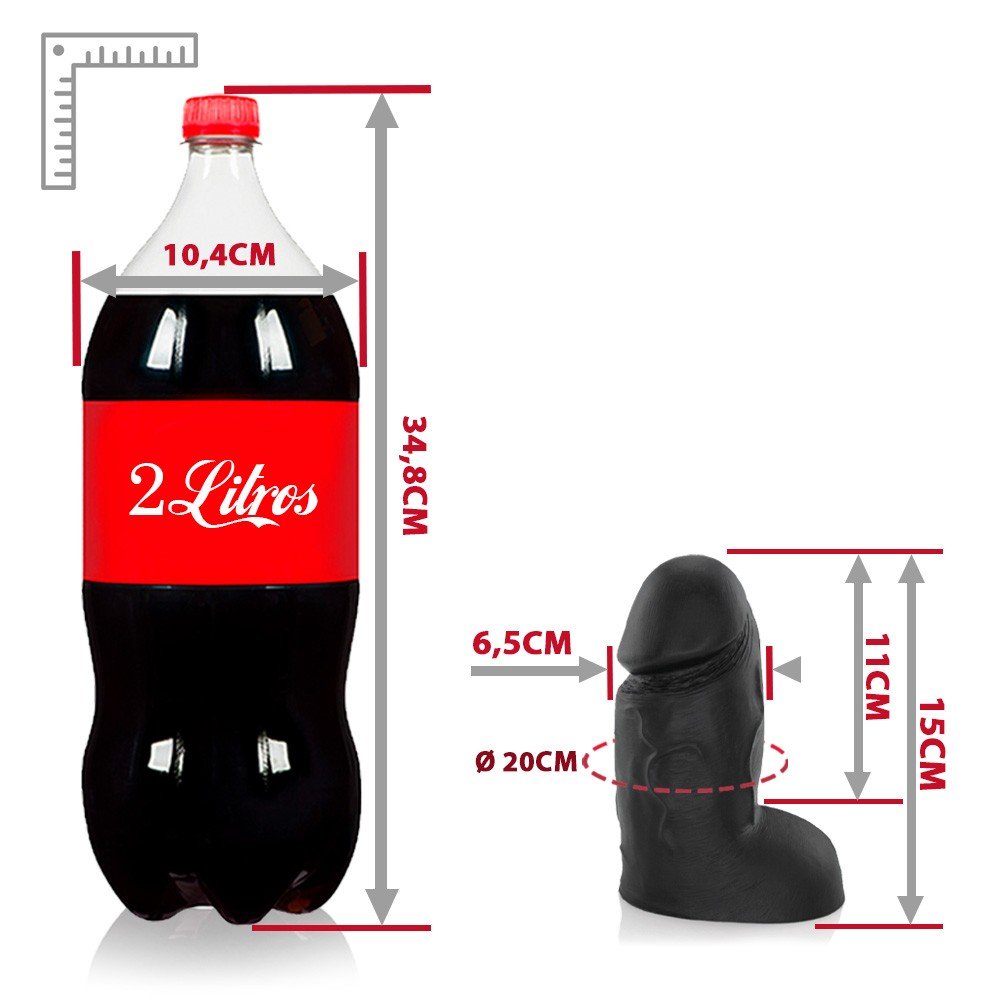 P�nis Real�stico em PVC Flex�vel com Escroto Mozinho Preto em vista superior, mostrando o comprimento e a largura do produto