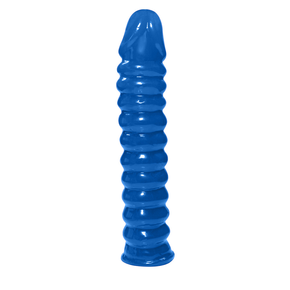P�nis Anelado em PVC Flex�vel At�xico 22 x 4cm Azul | Vista de perfil com a base do dildo
