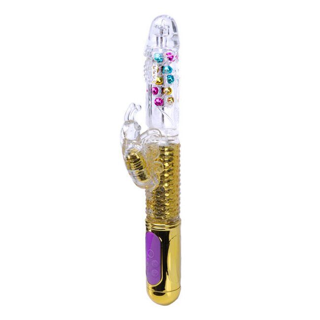 Vista lateral do Vibrador Rabbit Multivelocidade Bolinhas Estimuladoras Dourado, mostrando o formato ergon�mico e o painel de controle roxo para multivelocidade