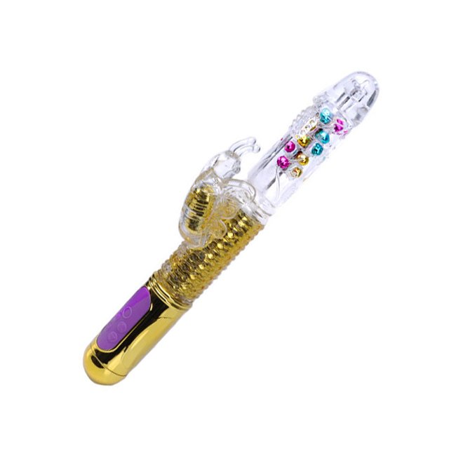 Vibrador Rabbit Multivelocidade Bolinhas Estimuladoras Dourado inclinado, real�ando a textura das bolinhas transparentes no eixo principal