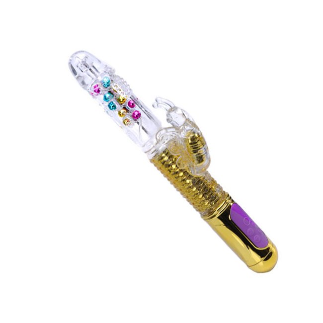 Detalhe do Vibrador Rabbit Multivelocidade Bolinhas Estimuladoras Dourado e suas bolinhas coloridas e estimuladoras, mostrando a parte superior transparente e o coelhinho