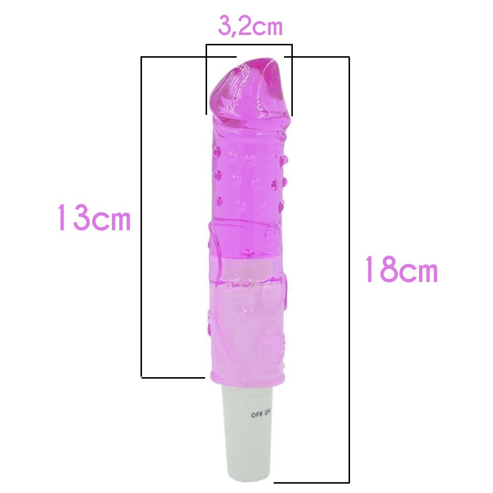 Vibrador Feminino em Jelly Real�stico com Textura Love Sex In Her Rosa | Detalhe das dimens�es do vibrador real�stico, com 18 cm de altura e 3,2 cm de largura na ponta, ressaltando o material em jelly e a base branca.