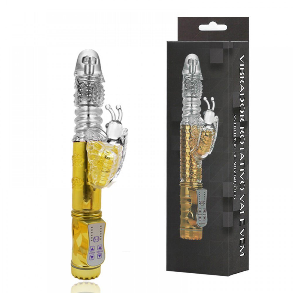 Vibrador Rabbit Rotativo Vai e Vem, 36 Vibra��es, Borboleta Dourado e sua embalagem