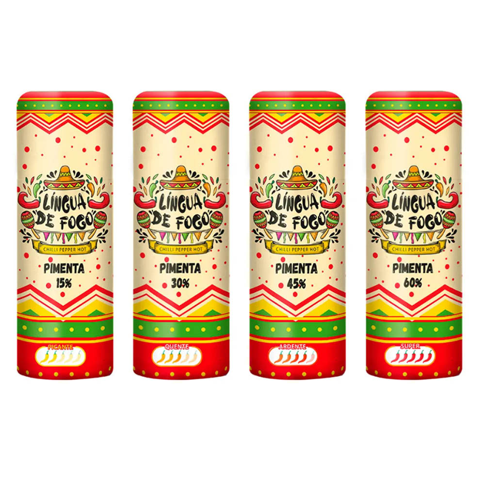 Quatro frascos individuais do Gel L�ngua de Fogo, cada um representando um n�vel de intensidade da pimenta (15%, 30%, 45%, 60%)