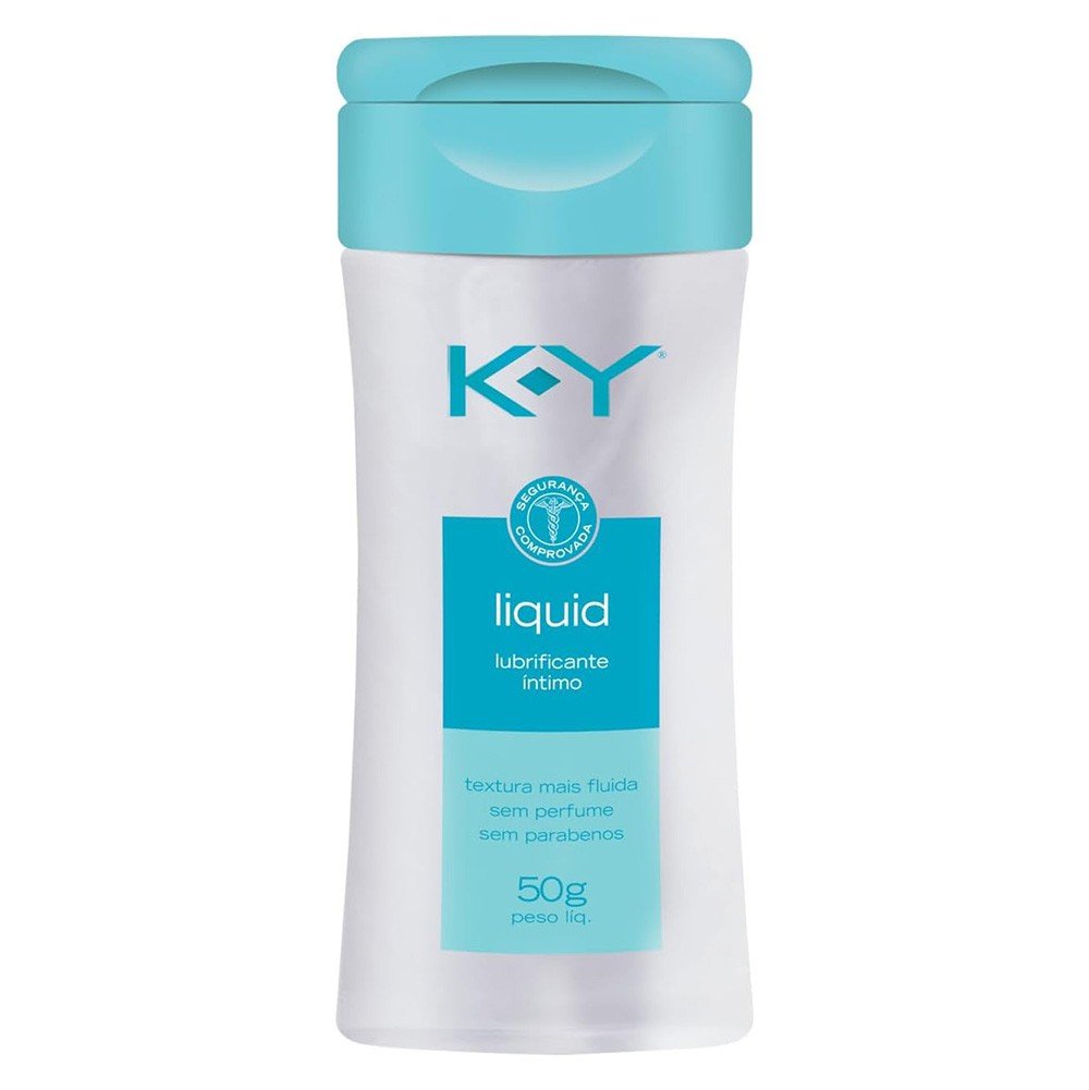 Frasco de Lubrificante �ntimo KY Liquid 50ml em destaque, com tampa azul e r�tulo branco e azul