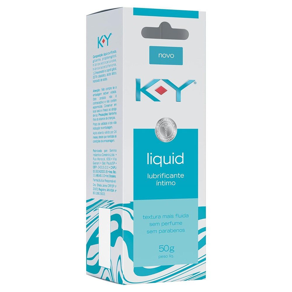 Vista lateral da caixa do Lubrificante �ntimo KY Liquid 50ml detalhando a composi��o e informa��es