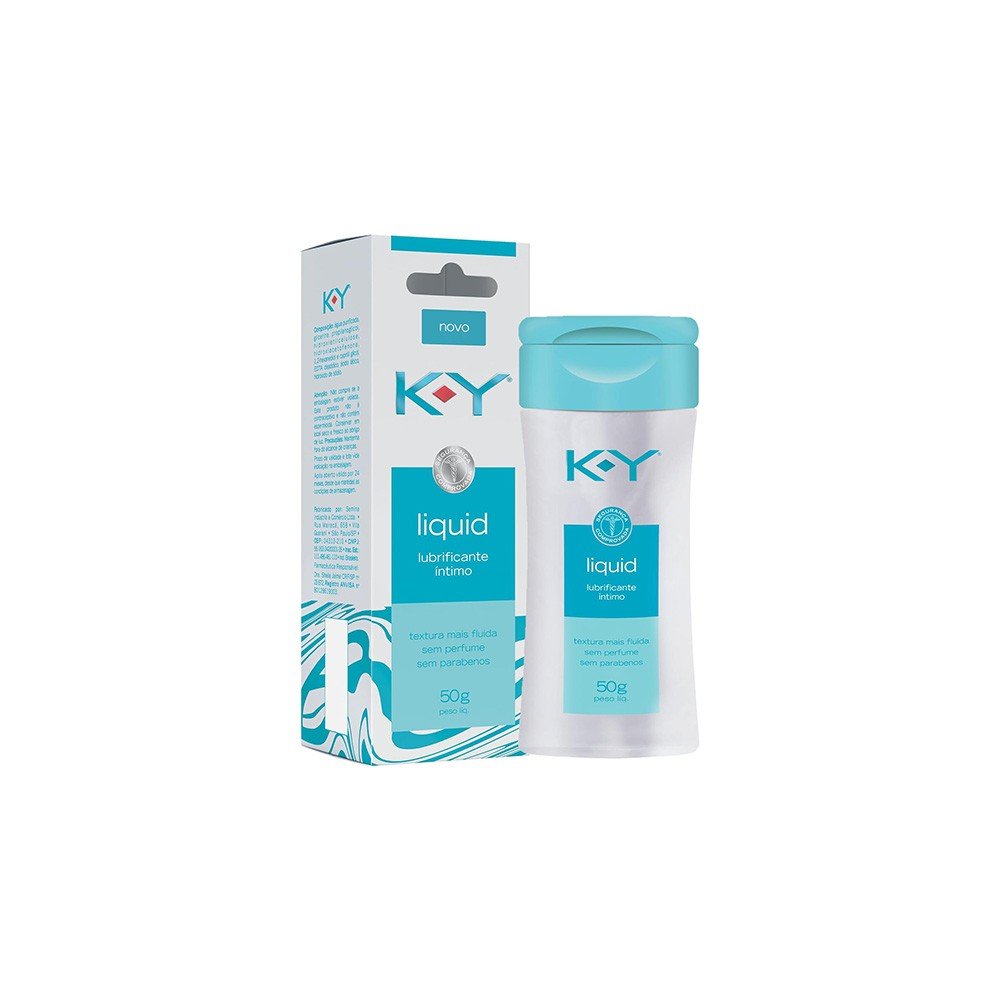 Vis�o frontal ligeiramente angular do frasco e da caixa do Lubrificante �ntimo KY Liquid 50ml