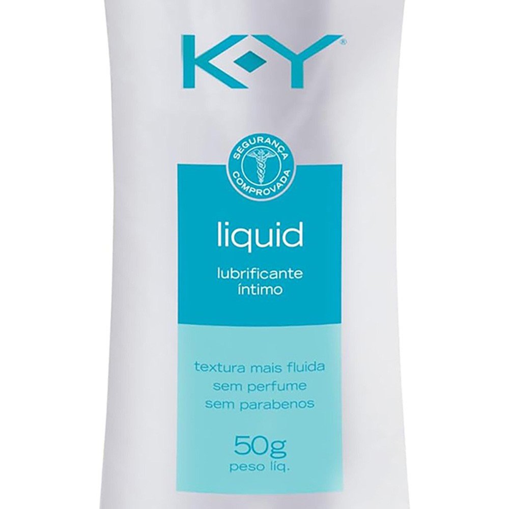 Frasco do Lubrificante �ntimo KY Liquid 50ml inclinado, destacando o bico aplicador e a tampa azul celeste