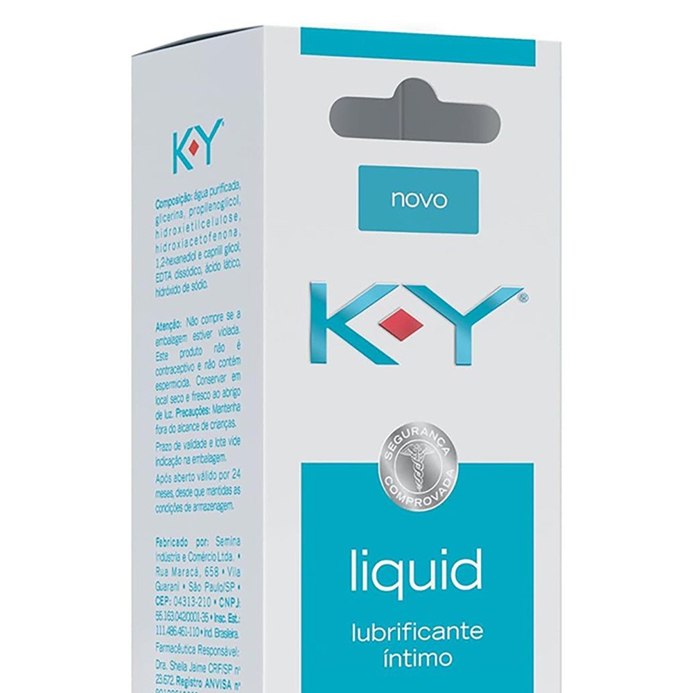 Close-up do r�tulo do Lubrificante �ntimo KY Liquid 50ml com a inscri��o 'textura mais fluida sem perfume sem parabenos'