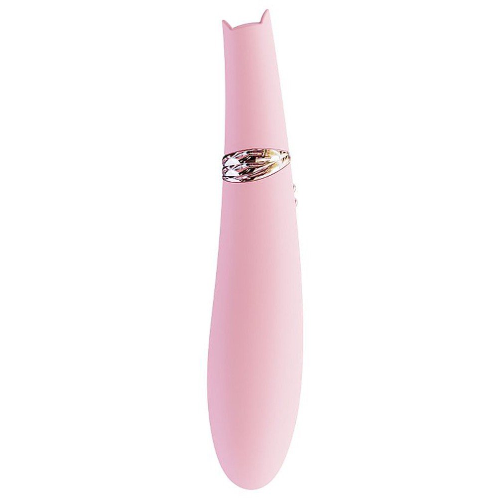 Vibrador e Sugador de Clit�ris Foxy Rosa em um close, com foco nos detalhes dos bot�es e acess�rios dourados
