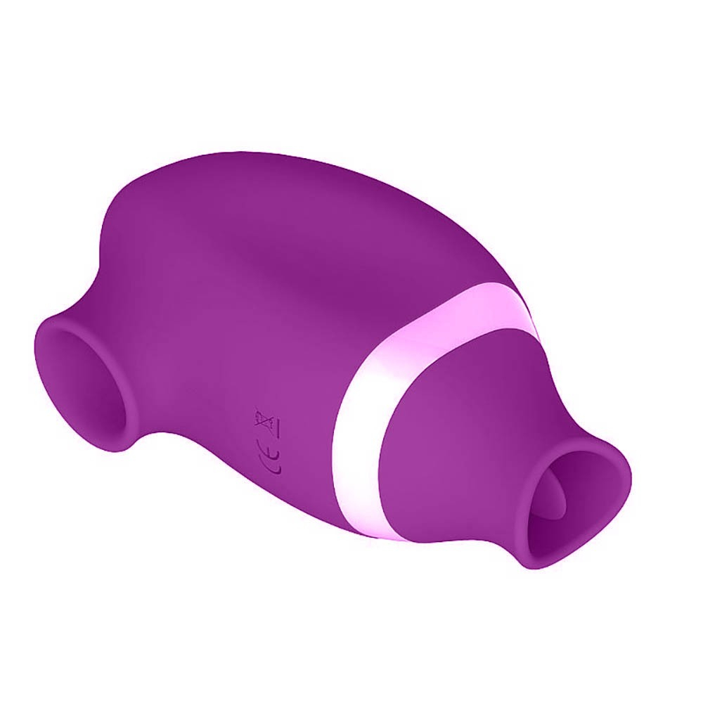 Vibrador para Clit�ris em Silicone Recarreg�vel 5 Pulsa��es e 7 Est�mulos da Lingua Spike Roxo - Vista lateral do vibrador de silicone roxo, mostrando seu formato anat�mico e a faixa iluminada na base.