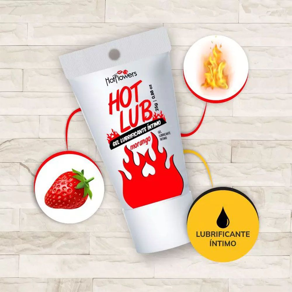 Lubrificante �ntimo Hot Lub Morango 25ml, com c�rculos que representam morango, chamas e lubrificante �ntimo.