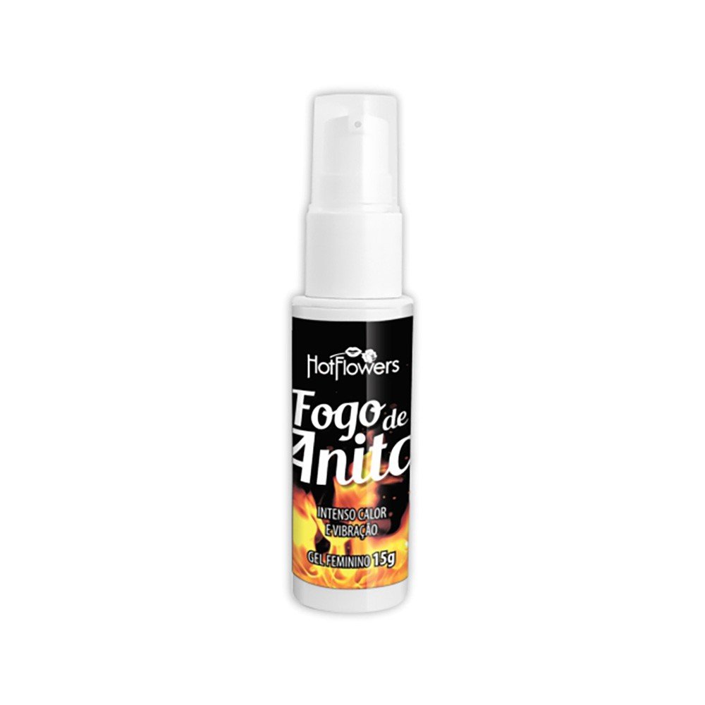 Frasco do Gel Feminino Esquenta e Vibra Fogo de Anita 15g, em fundo branco, mostrando o r�tulo detalhado