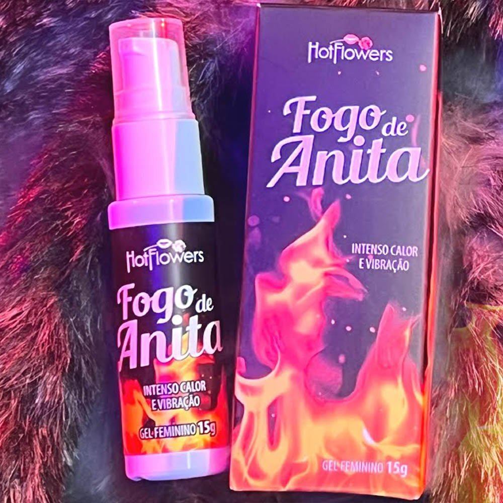 Frasco e caixa do Gel Feminino Esquenta e Vibra Fogo de Anita sobre pele sint�tica, com efeitos de luz rosa e azul